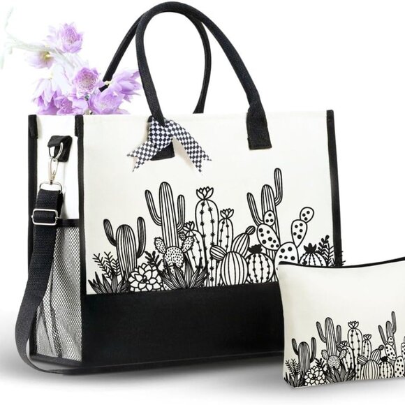 Canvas Tote Bag for Women with Makeup Pouch and Ribbons Versatile Gift - Picture 1 of 7